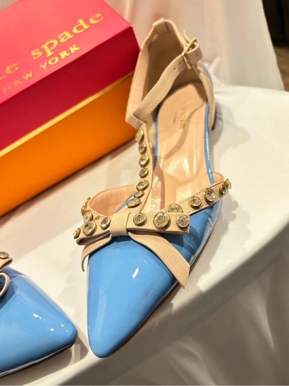 kate spade Blue and Beige Studded T-Strap Pointed Heels